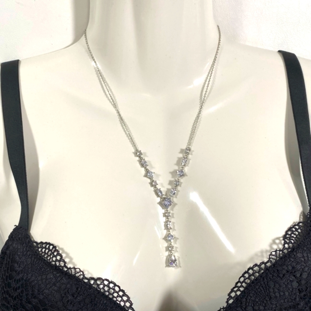 Sexy Y-Drop CZ Necklace Silver Tone Chain 21” Signed JCM CZ China EUC - Picture 3 of 12